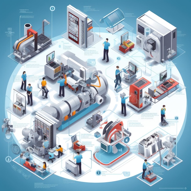 Das Innenleben der Technologie Ein 3D-Diagramm von Büro- und Fabriksystemen mit CNC-Maschinen