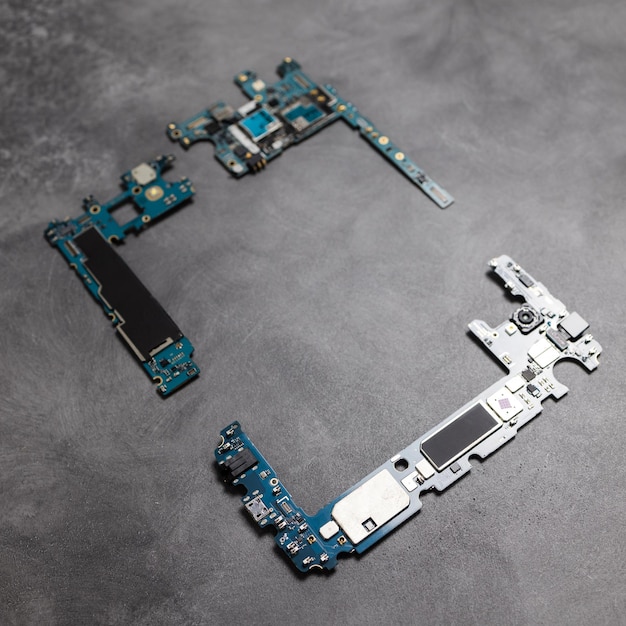 Das Innere des Mainboards des Smartphones und die Werkzeuge lagen auf dem Rücktisch. Das Konzept der Computerhardware, des Mobiltelefons, der Elektronik, der Reparatur, des Upgrades und der Technologie.