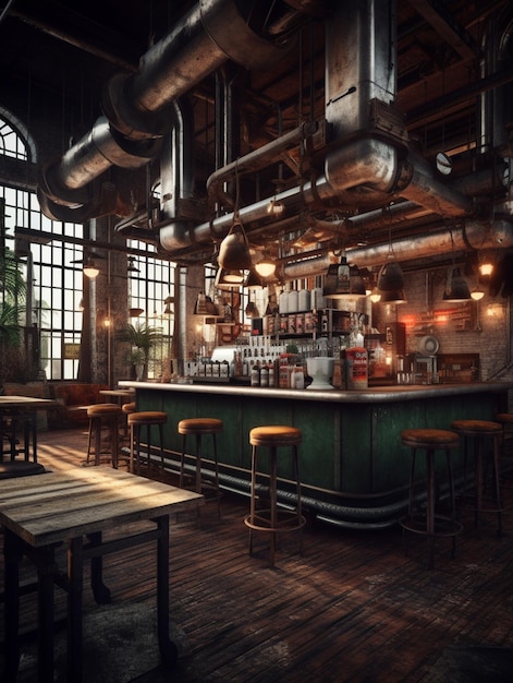 Das Innere einer Bar mit einer grünen Bar und einem Holztisch mit einer Bar in der Mitte.