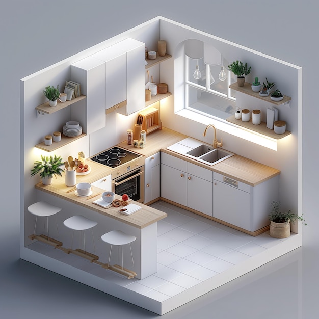 Das Innere einer modernen Küche in isometrischer Sicht 3D-Rendering