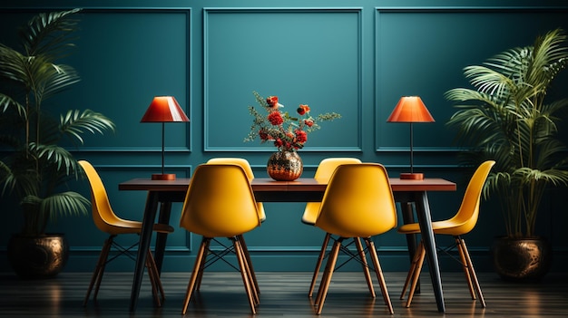 Das Innere eines blauen Esszimmers mit einem Plakat und weißen Stühlen an einem Holztisch mit einer Pflanze