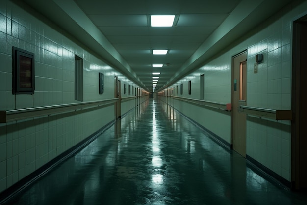 Das Innere eines leeren Krankenhauskorridors 3D-Rendering