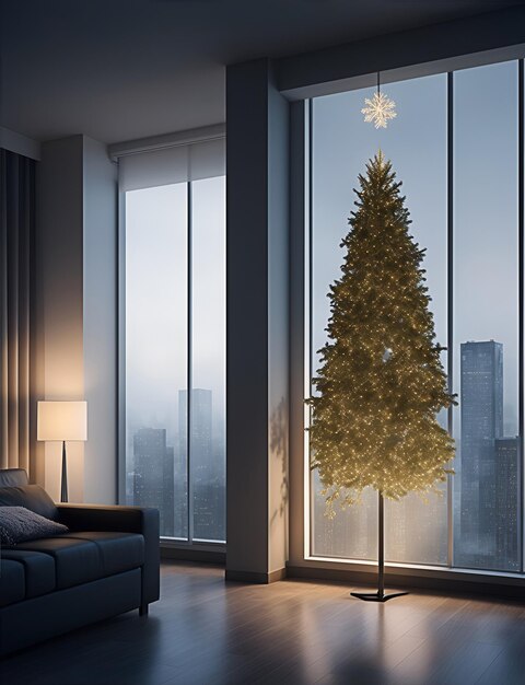 Foto das innere eines modernen hauses, das zu weihnachten mit einem wunderschönen weihnachtsbaum geschmückt wurde
