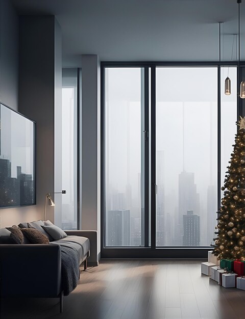 Foto das innere eines modernen hauses, das zu weihnachten mit einem wunderschönen weihnachtsbaum geschmückt wurde