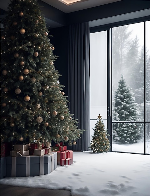 Foto das innere eines modernen hauses, das zu weihnachten mit einem wunderschönen weihnachtsbaum geschmückt wurde