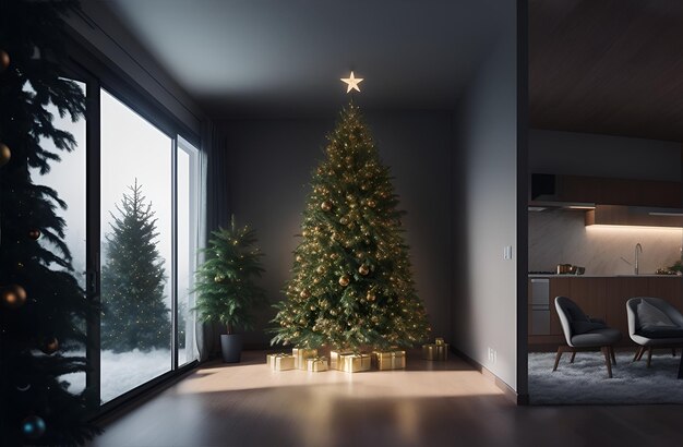 Foto das innere eines modernen hauses, das zu weihnachten mit einem wunderschönen weihnachtsbaum geschmückt wurde