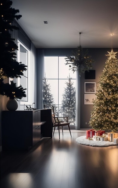 Foto das innere eines modernen hauses, das zu weihnachten mit einem wunderschönen weihnachtsbaum geschmückt wurde