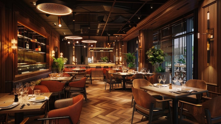 Foto das innere eines restaurants mit einer großen hölzernen decke und einem großen fenster