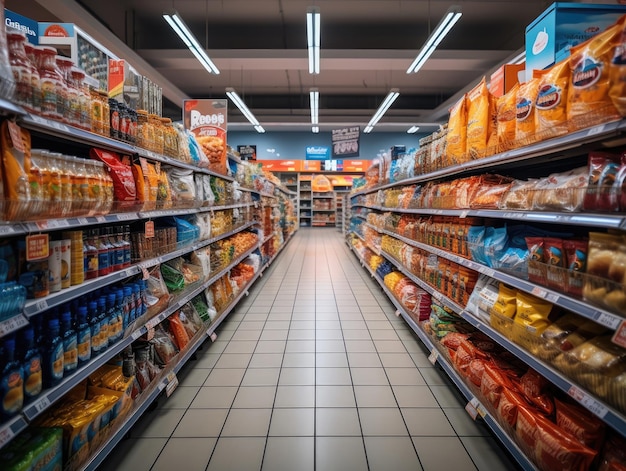 Das Innere eines Supermarkts mit einem Snack-Ausstellungsregal, einem langen Korridor und Glühbirnen an der Decke. Generative KI