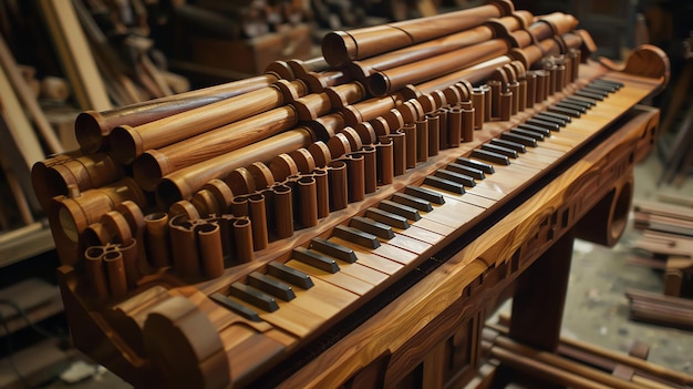 Das ist ein wunderschönes, handgefertigtes Holzpiano. Die Tasten sind aus schwarz-weißem Holz und der Körper des Klaviers aus hellfarbenem Holz.