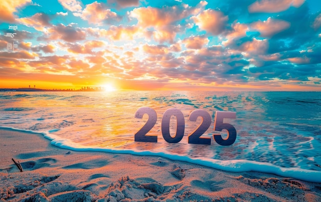 Das Jahr 2025 steht mutig auf einem Strand bei Sonnenaufgang und kündigt den Beginn neuer Anfänge und das Versprechen der Zukunft an.