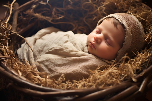 Foto das jesuskind ruht in einer krippe, umgeben von heu, das die geburt jesu darstellt