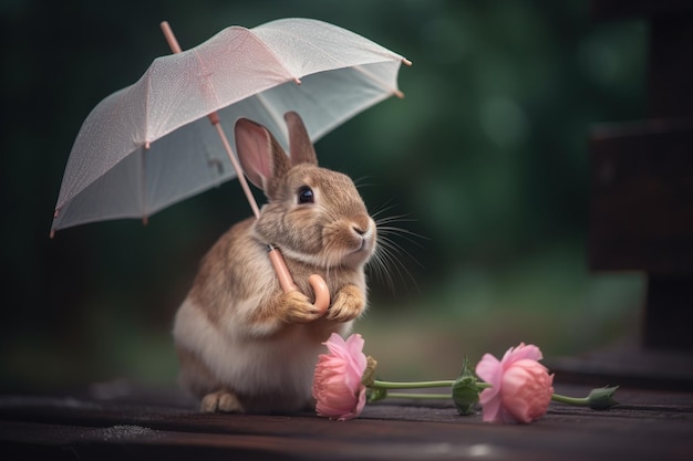 Das Kaninchen, das einen rosa Blumenregenschirm hält