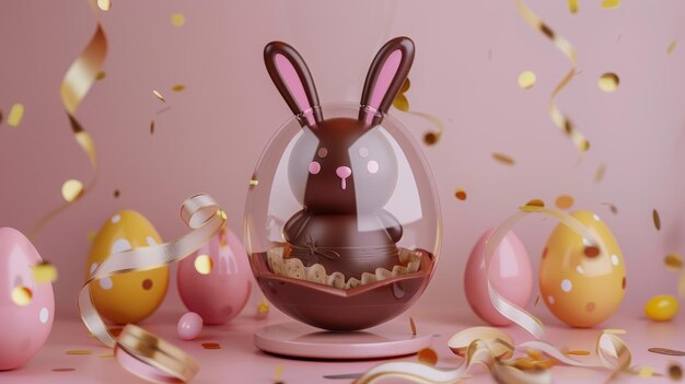 Das Kaninchen ist in hoher Definition in 3D in einer transparenten Eierschale mit einem goldenen Konfetti-Hintergrund gemalt. Bänder und gemalte Ostereier umgeben das Kaninchen auf einem hellrosa Hintergrund.