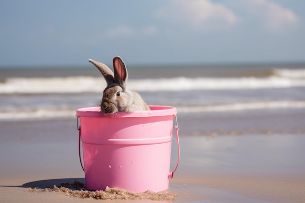 Das Kaninchen sitzt in einem rosa Eimer am Strand