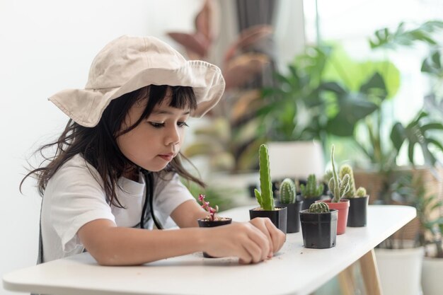 Das Kind berührt sanft den neuen Stamm des Kaktus, den er mit Sorgfalt anbaut. Eine Hand hält die LupeNaturerziehung Montessori und das Konzept der Beobachtungsfähigkeiten