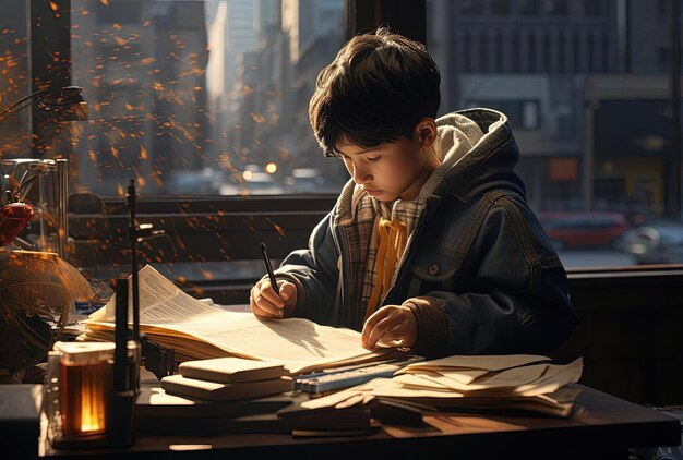 Das Kind führt seine benoteten Schularbeiten im Stil fotorealistischer Stadtszenen durch