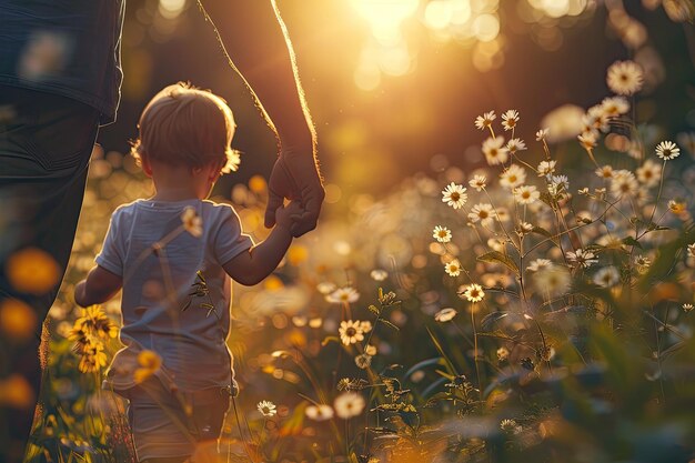 Das Kind geht mit seinem Vater durch den Sommerwald