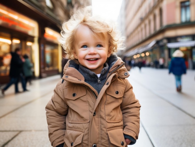 Das Kind genießt einen gemütlichen Spaziergang durch die lebendigen Straßen der Stadt