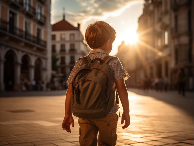 Das Kind genießt einen gemütlichen Spaziergang durch die lebendigen Straßen der Stadt