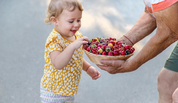 Das Kind isst Beeren im Garten Selektiver Fokus
