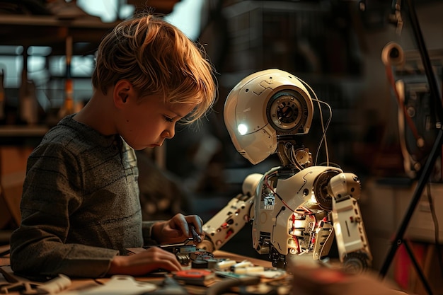 Das Kind regelt den Betrieb des zusammengesetzten Androidenroboters