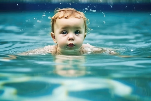 Das Kind schwimmt im Pool