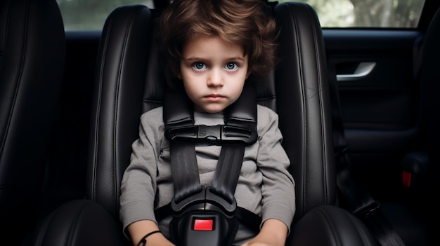 das Kind sitzt in einem Autositz und trägt einen SicherheitsgurtGenerative KI