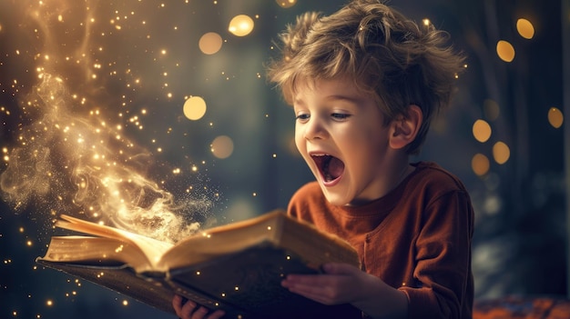 Das Kind starrt oder schaut auf das magische Buch und blättert alleine die Seite um.