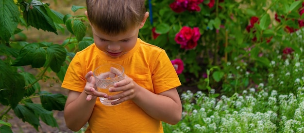 Das Kind trinkt Wasser aus einem Glas Selektiver Fokus