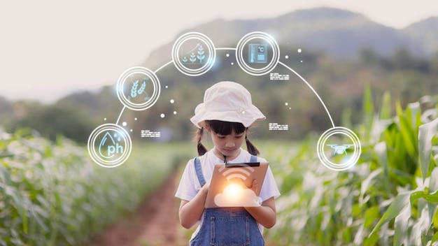 Das kleine Mädchen analysiert mit einem Tablet das Wachstum von Pflanzen auf dem landwirtschaftlichen Grundstück und visualisiert das landwirtschaftliche Technologiekonzept Smart Farming Learning Concept