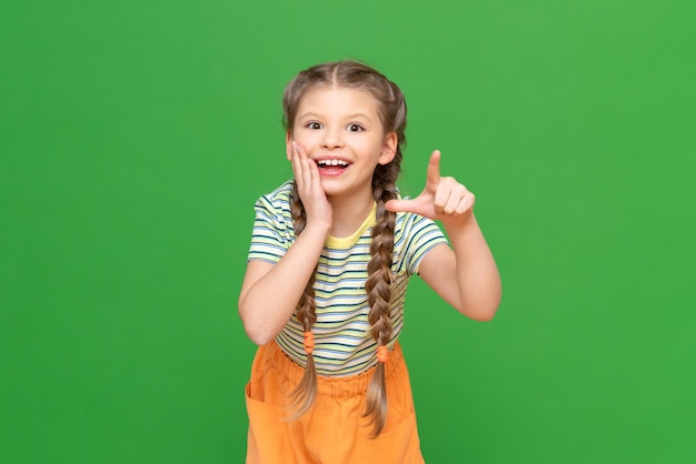 Das kleine Mädchen legt ihre Handfläche an ihre Wange und zeigt mit dem Finger nach vorne. Kind auf einem isolierten Hintergrund, Platz kopieren.