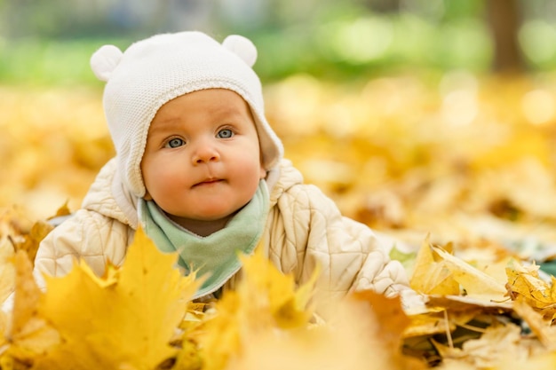 Das kleine Mädchen liegt im goldenen Herbstlaub im Park Schöne Natur und Spaziergänge Nahaufnahme