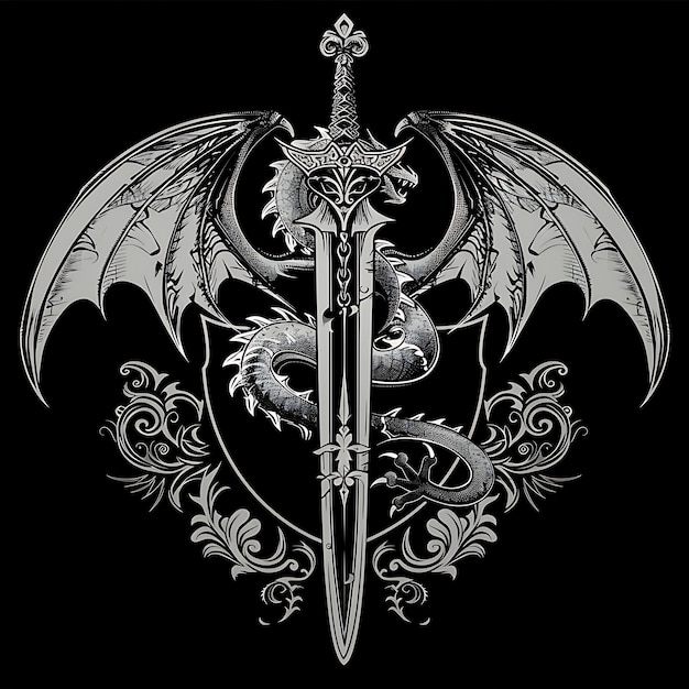 Das komplizierte Dragon Knight Crest Logo mit einem Dragon Coiling Aro Creative Logo Design Tattoo Outline