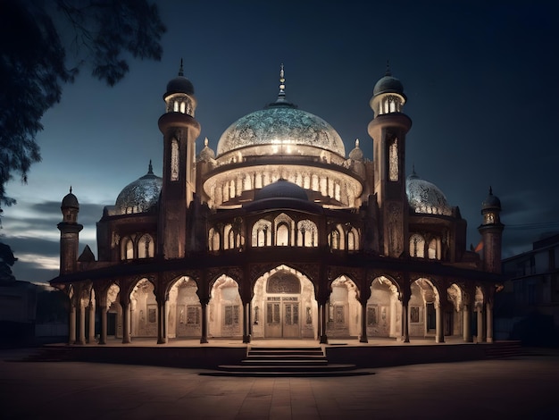 Foto das komplizierte moschee-gebäude und die architektur in der nacht