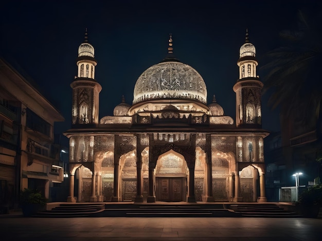 Foto das komplizierte moschee-gebäude und die architektur in der nacht