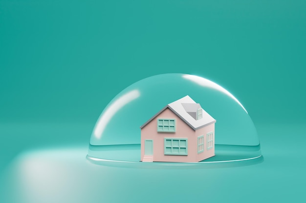 Das Konzept der Immobilienversicherung ein Haus in einer Glaskugel auf türkisfarbenem Hintergrund 3D-Rendering
