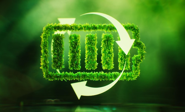 Das Konzept der nachhaltigen Energiespeicherung in Form eines mit Blättern bedeckten Batterie-Symbols auf einem üppig grünen Hintergrund 3D-Rendering