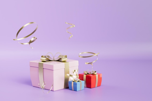 Das Konzept der Präsentation von bunten Geschenkboxen und goldenen Bändern auf violettem Hintergrund