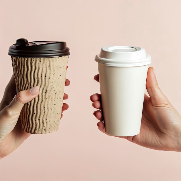 Das Konzept der Wahl zwischen einer Keramik- und einer Papierkaffeetasse. Wiederverwendbares Geschirr ohne Abfall