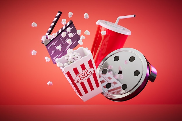 Das Konzept des Ansehens von Filmen, Videoband, Cracker, Popcorn und Soda auf rotem Hintergrund, 3D-Render