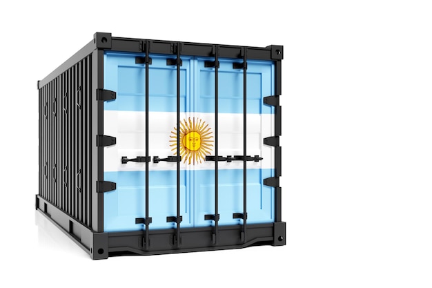 Das Konzept des argentinischen Export-Import-Containers und der nationalen Lieferung von Waren Der Transportcontainer mit der Nationalflagge Argentiniens ist vorne zu sehen