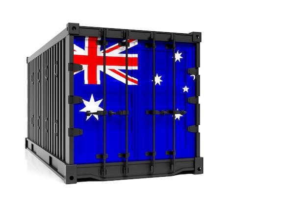 Das Konzept des australischen Exportimport-Containers und der nationalen Lieferung von Waren Der Transportcontainer mit der Nationalflagge Australiens ist vorne zu sehen