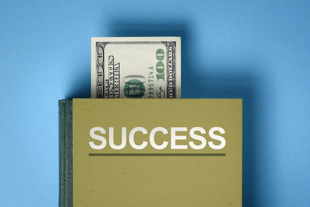 Das Konzept des finanziellen Erfolgs. Ein Buch mit Antworten auf die Frage: Geld verdienen und investieren. Dollar-Banknote zwischen Buchseiten (Lesezeichen)
