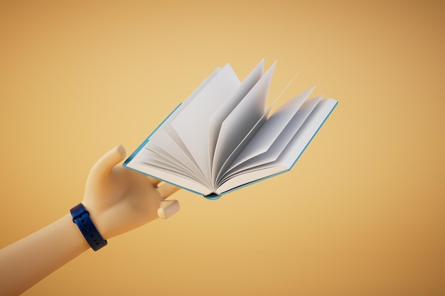 Das Konzept des kontinuierlichen Lernens einer Hand mit einem offenen Buch auf pastellfarbenem Hintergrund 3D-Rendering