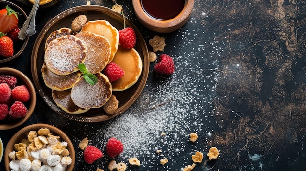 Das Konzept des Menüs ist ein köstliches und süßes Dessert-Frühstück mit Mini-Pancakes, die in