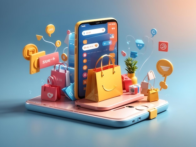 Das Konzept des Online-Shoppings auf Social-Media-App 3D-Smartphone mit Einkaufstaschen-Chat-Nachricht