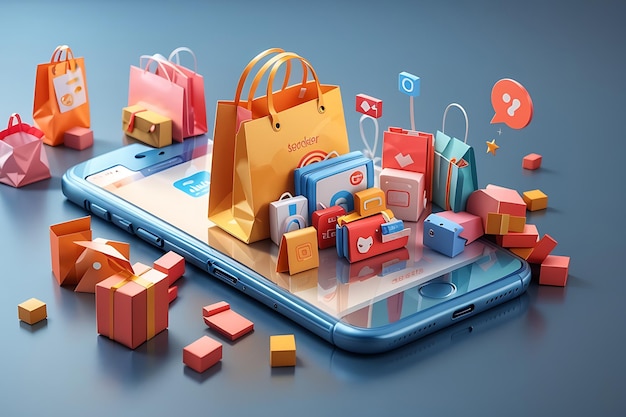 Das Konzept des Online-Shoppings auf Social-Media-App 3D-Smartphone mit Einkaufstaschen-Chat-Nachricht