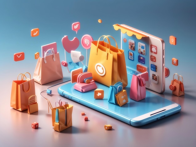 Das Konzept des Online-Shoppings auf Social-Media-App 3D-Smartphone mit Einkaufstaschen-Chat-Nachricht