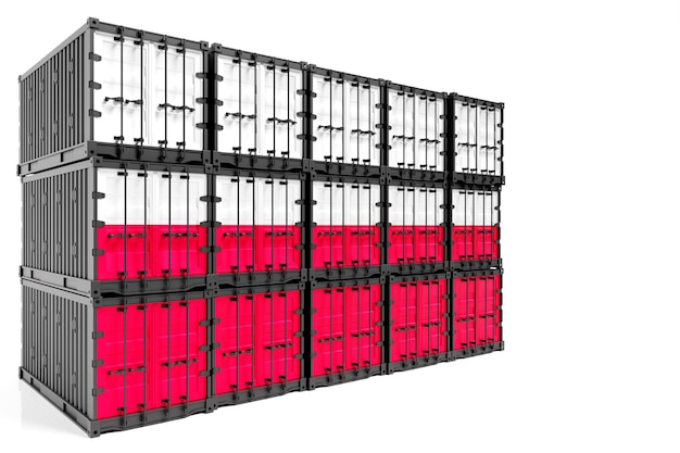 Das Konzept des polnischen Export-Import-Containertransports und der nationalen Lieferung von Waren Der Transportcontainer mit der Nationalflagge Polens zeigt die Vorderseite an